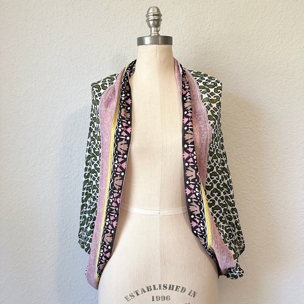 ELIZABETH GILLETT Kimono Cardigan Green Pink Geometric Cover Up Duster